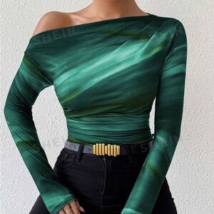 SHEIN Privé Marble Ombre Print Asymmetric Ruched Long Sleeve Top